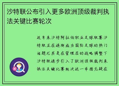 沙特联公布引入更多欧洲顶级裁判执法关键比赛轮次