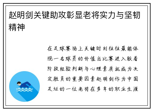 赵明剑关键助攻彰显老将实力与坚韧精神