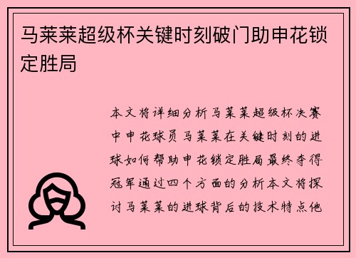 马莱莱超级杯关键时刻破门助申花锁定胜局